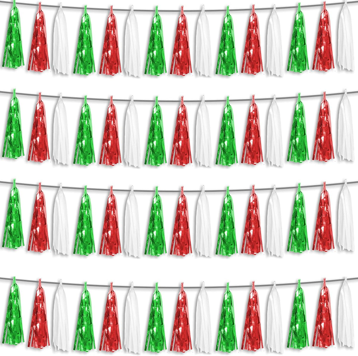 4P Red Green White Foil Fringe Metallic Tassel Streamers Banner Tassel Garland for Parade Floats, Graduation, Wedding, Birthday, Halloween, Christmas, Mexican Italian Birthday Party Decorations