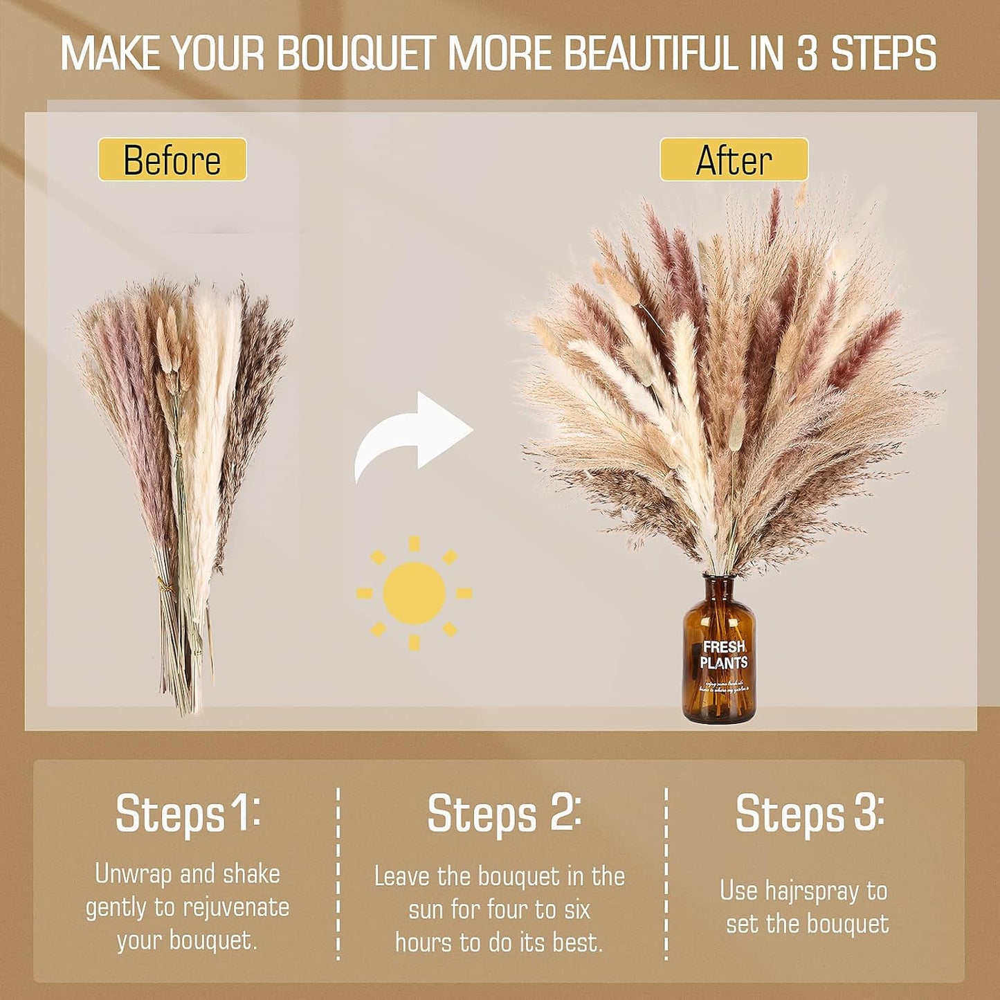 N&T NETING 75Pcs Pampas Grass Decor-10Pcs White Pampas Grass, 20Pcs Brown Pampas, 10Pcs Bunny Tail, 30Pcs Reed, 5Pcs Fluffy Dried Pompas Grass Flower for Fall Home Wedding Table Vase Boho Decor