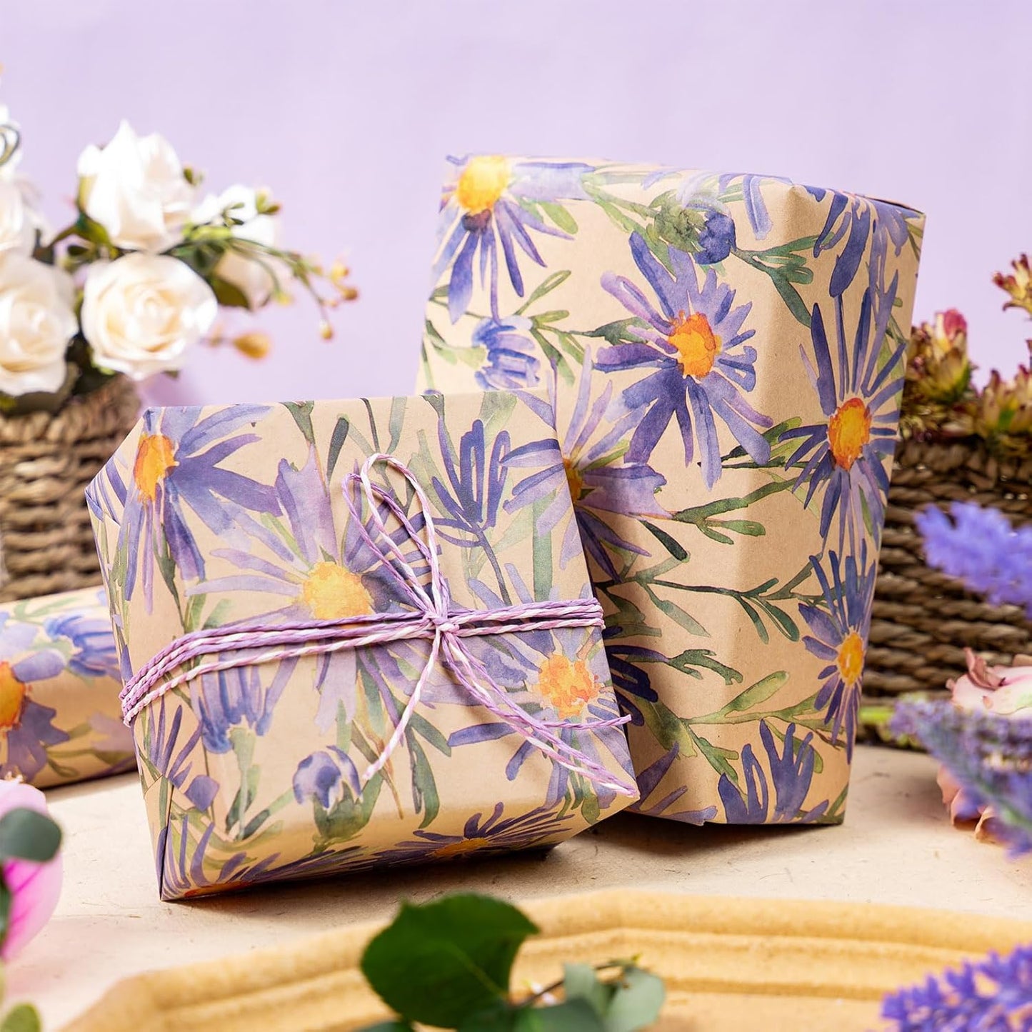 RUSPEPA Purple Floral Wrapping Paper for Women, 17 in x 16.4 ft, Mini Roll, Watercolor Flower Kraft Paper, Daisy Wrapping Paper Roll for Girls, Wedding, Birthday and Bridal Shower