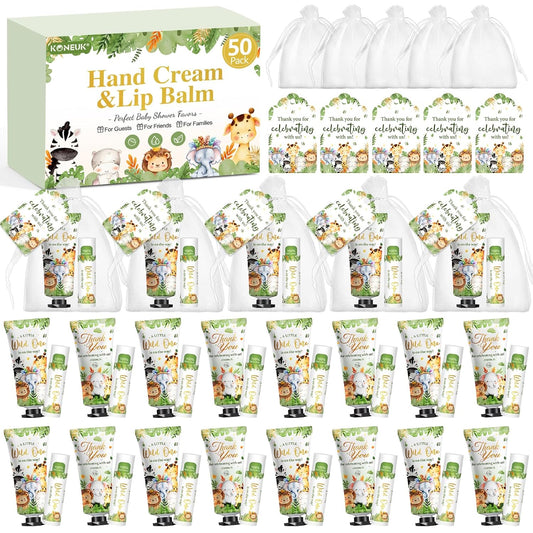 50 Pack Bulk Hand Cream and Bulk Lip Balm Gifts Sets, Baby Shower Favors and Bridal Shower Favors for Guests with Thank You Card and Organza Gift Bags, Birthday Gifts, Appreciation Gifts (Animal)