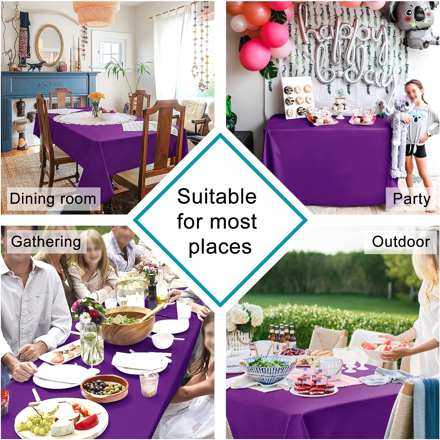 Hiasan Waterproof Tablecloth Rectangle - Washable Fabric Table Cloth for Dining Room Kitchen Birthday Party and Outdoor Use, Royal Purple, 30 x 60 Inch