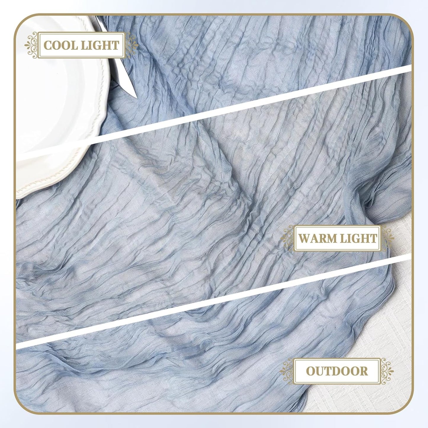 Le courant 12pcs 10Ft Cheesecloth Table Runner, Rustic Boho Gauze Cheese Cloth Runner Table Runner for Weddings Bridal Baby Shower Birthday Holiday Parties Home Decor, Dusty Blue