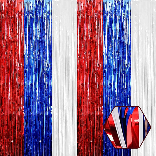 3 Pack White Blue Red Foil Fringe Curtain Backdrop, 3.28Ft x 8.2Ft Metallic Tinsel Foil Fringe Streamer Curtains for Photo Booth, Christmas Day, Thanksgiving, Wedding, New Year Party Decorations
