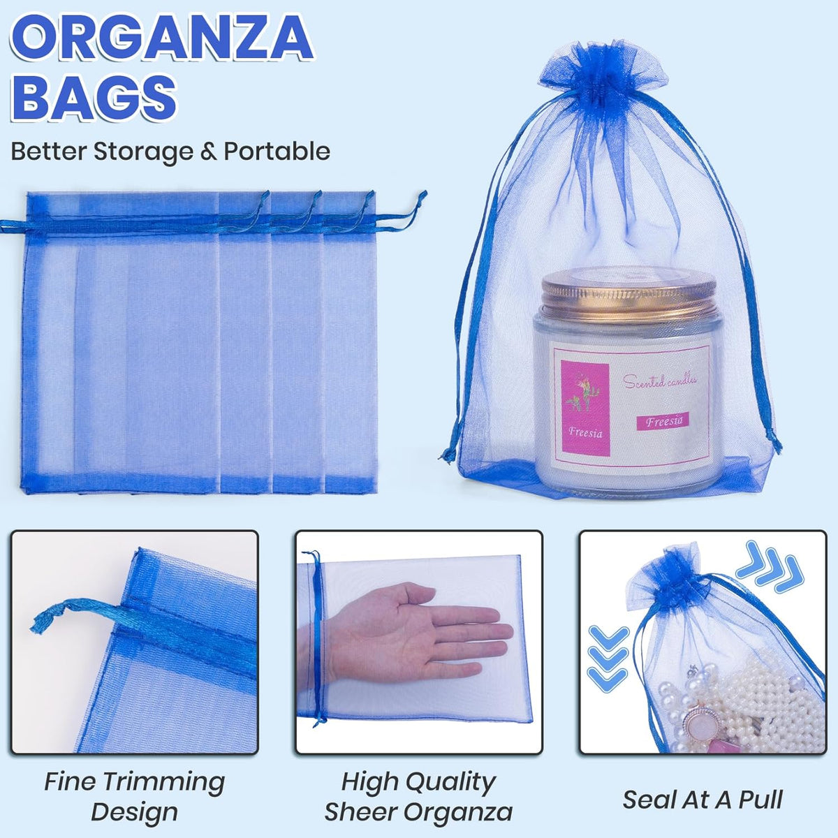 ANZNKU 100 Pack Organza Bags 4x6 Inch, Small Mesh Bag Drawstring Jewelry Pouches, Organza Gift Bags for Baby Shower, Party Favors(Royal Blue)