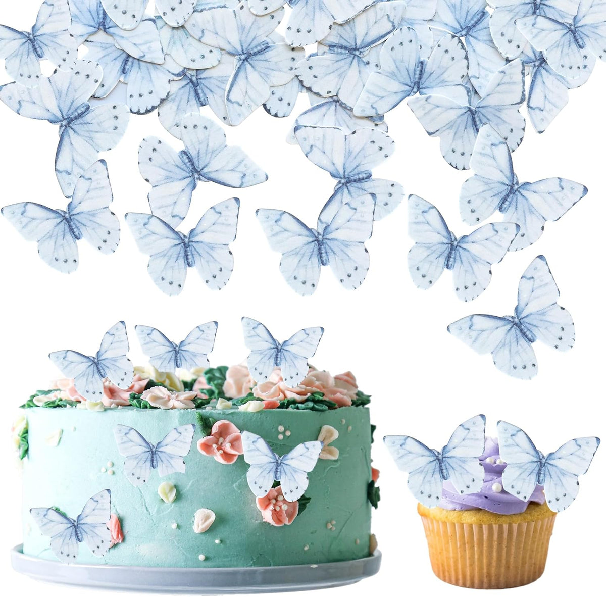Ephlyn 48Pcs Edible Butterfly Cupcake Toppers Butterfly Cupcake Picks Edible Cupcake Decorations for Baby Shower Kids Birthday Party Cake Supplies Blue