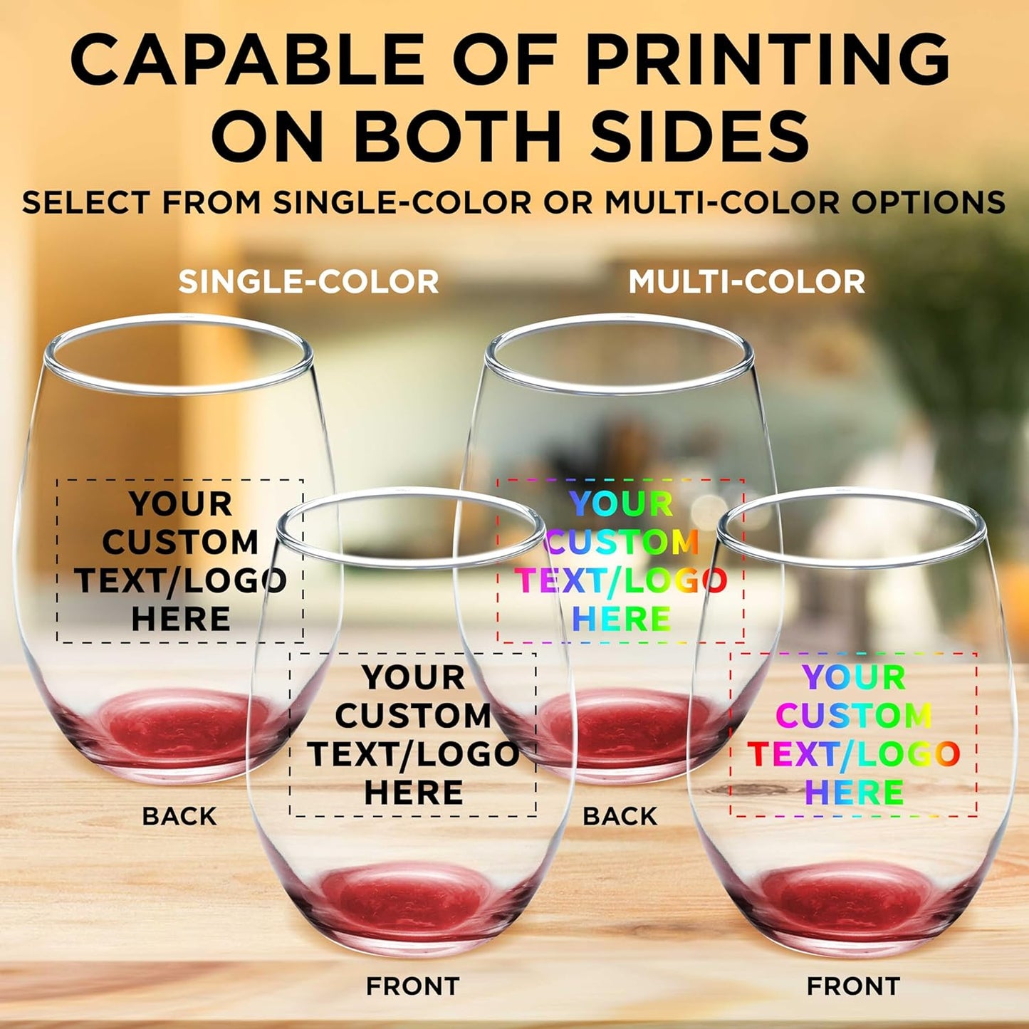 Custom Stemless Wine Glass 9 oz. Set of 10, Personalized Bulk Pack - Great for Wedding Favors, Bachelorette Party Decorations, Party Favors, Color Bottom - Red