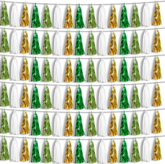 6P Sage-Green Beige-Mint Gold Foil Fringe Metallic Tassel Garland Banner, Tassels Banner Streamers for Parade Floats, Bachelorette, Wedding, Birthday, Christmas, Bridal/Baby Shower Party Decorations