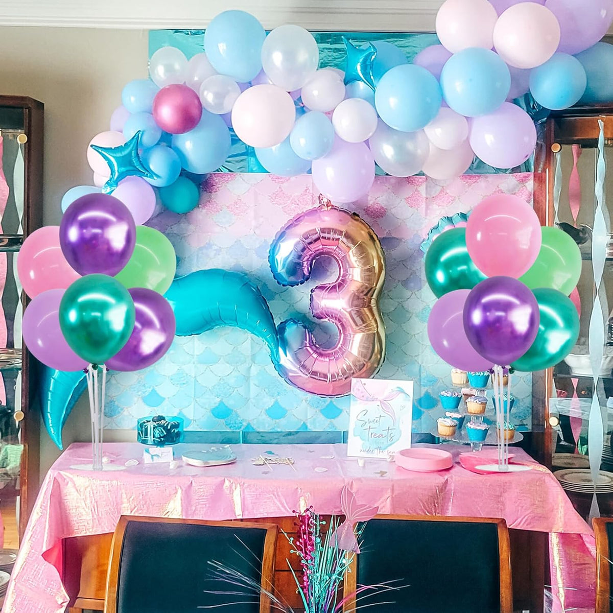 TONIFUL 4 Set Metallic Purple Pink Green Balloon Stand Centerpiece Table Decorations for Girls Mermaid Birthday Party Decoration,Baby Shower, Summer Luan Party, Under The Sea Party Decorations