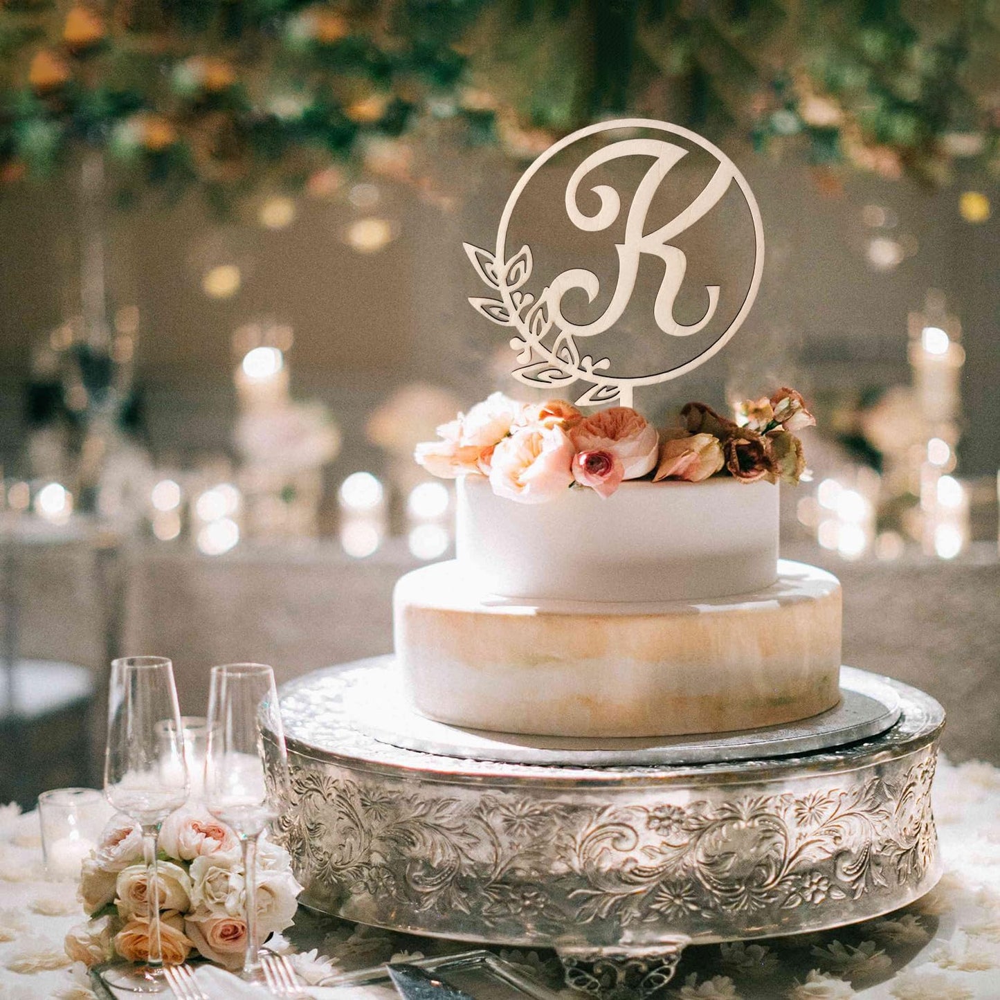 LINGTEER Personalized Inital Letter K Wooden Cake Topper Perfect for Birthday Rustic Wedding Anniversary Party Keepsake Decoration