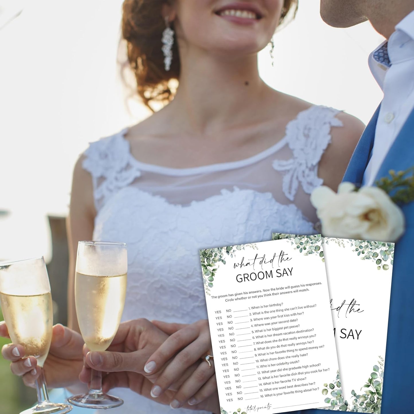 Eucalyptus Bridal Shower Game Cards - What Did the Groom Say, Wedding Engagement Bachelorette Party Bridal Shower Games for 30 Guests, Double Sided Cards Set of 30, Activity Supplies & Favor/A08