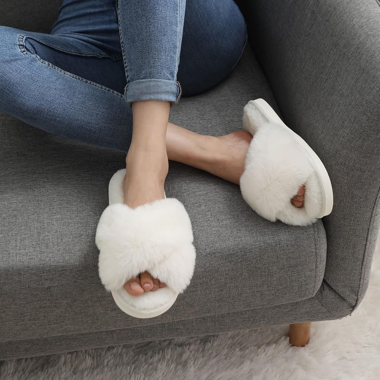 Evshine Women's Fuzzy Slippers Cross Band Memory Foam House Slippers Open Toe