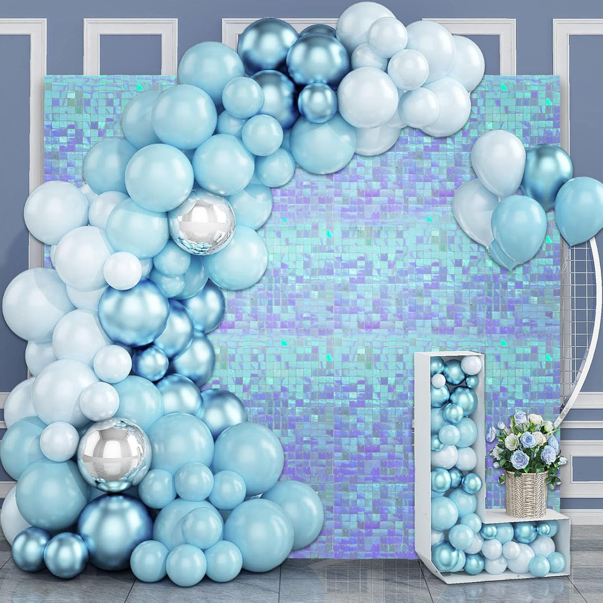 12PCS Colorful Ice Blue Shimmer Wall Backdrop, Square Sequin Photo Backdrops Panel, Glitter Wall Background for Birthdays, Weddings, Christmas, Engagements, Disco Bachelorette Party Decor (3FTx4FT)