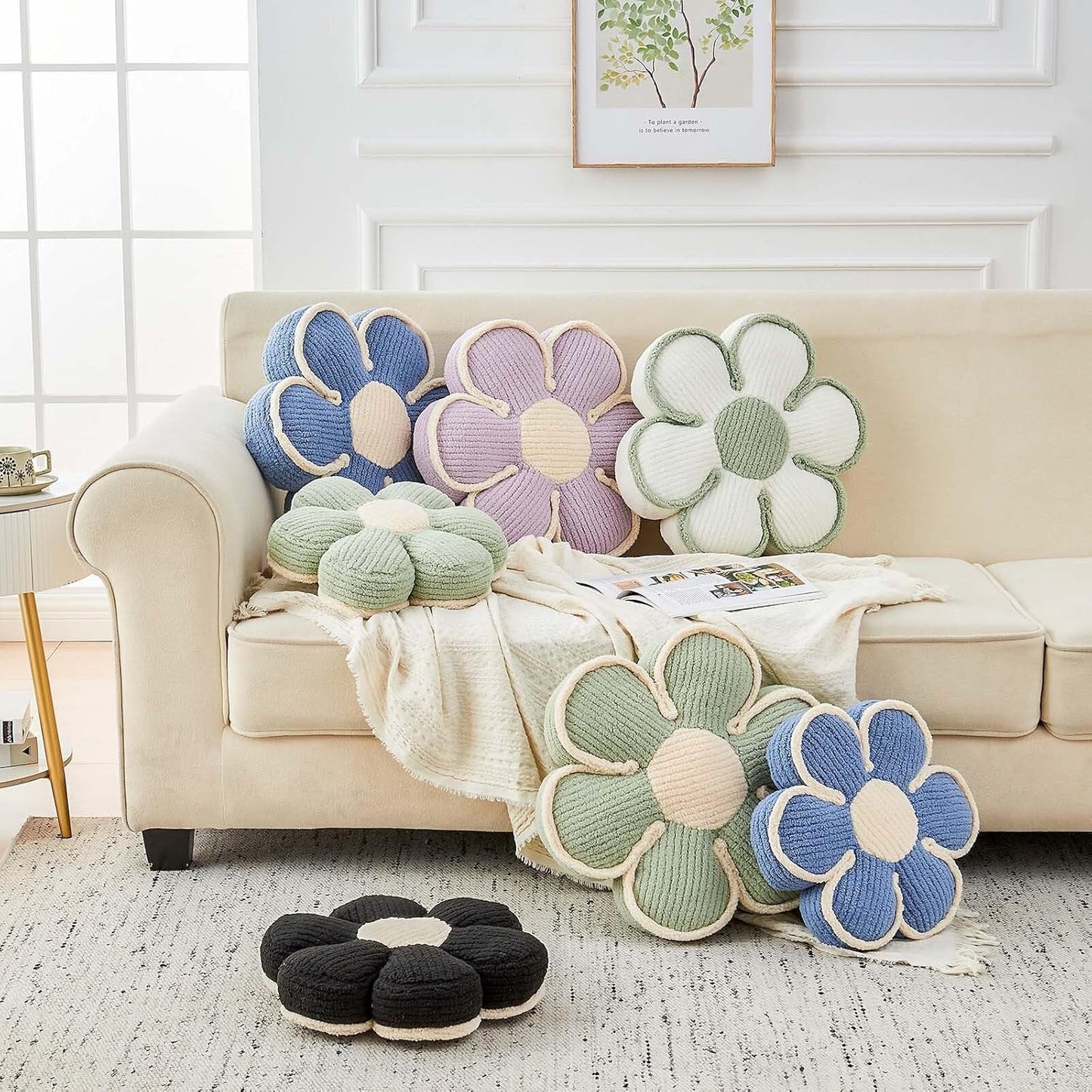 Flower Pillow, Soft Flower Decorative Throw Pillow, Cute Daisy Flower Shaped Seating Floor Cushion Room Décor Plush Pillows for Sofa Couch Bed (13.7 Inch, Sage Green)