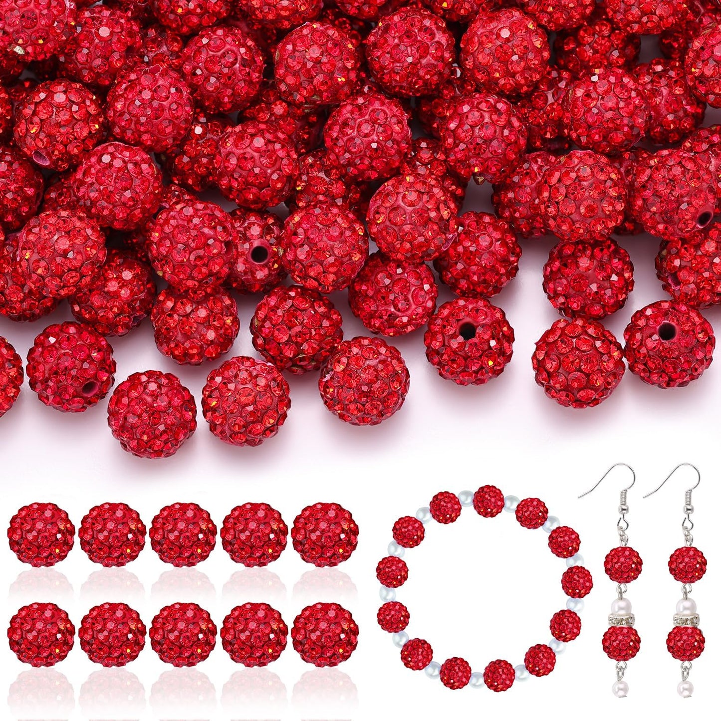 200pcs 10mm Rhinestone Beads for Jewelry Making, Red Shiny Round Disco Ball Beads Bulk, Sparkle Crystal Clay Christmas for Bracelet Baseball Necklace Earring Crafting and DIY
