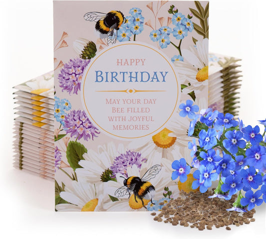 Happy Birthday Bee Forget Me Not Seed Packets - Set of 25 - Thank You Gifts - Wildflower Seeds for Planting - Floral Gifts - Thank You Card - Wild Flowers Bulk