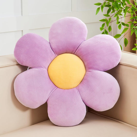 Purple Flower Pillow, 19.6" Cute Flower Shaped Floor Pillow, Aesthetic Floral Plush Daisy Decorative Throw Pillows for Bed Sofa Couch