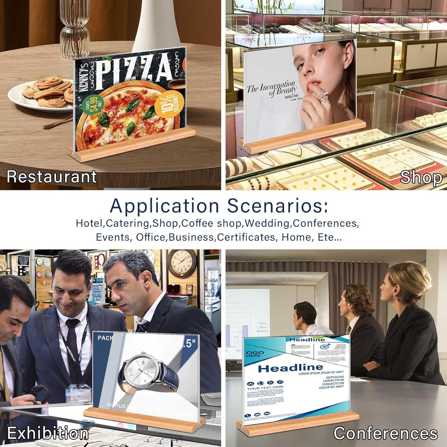 Kersally Acrylic Sign Holder 6 x 4, 3 Pack Double-Sided Clear Table Display Stands with Wood Base,Horizontal Acrylic Frame Menu Flyer Paper Holder for Store, Restaurant, Hotel, Office, Show Fair