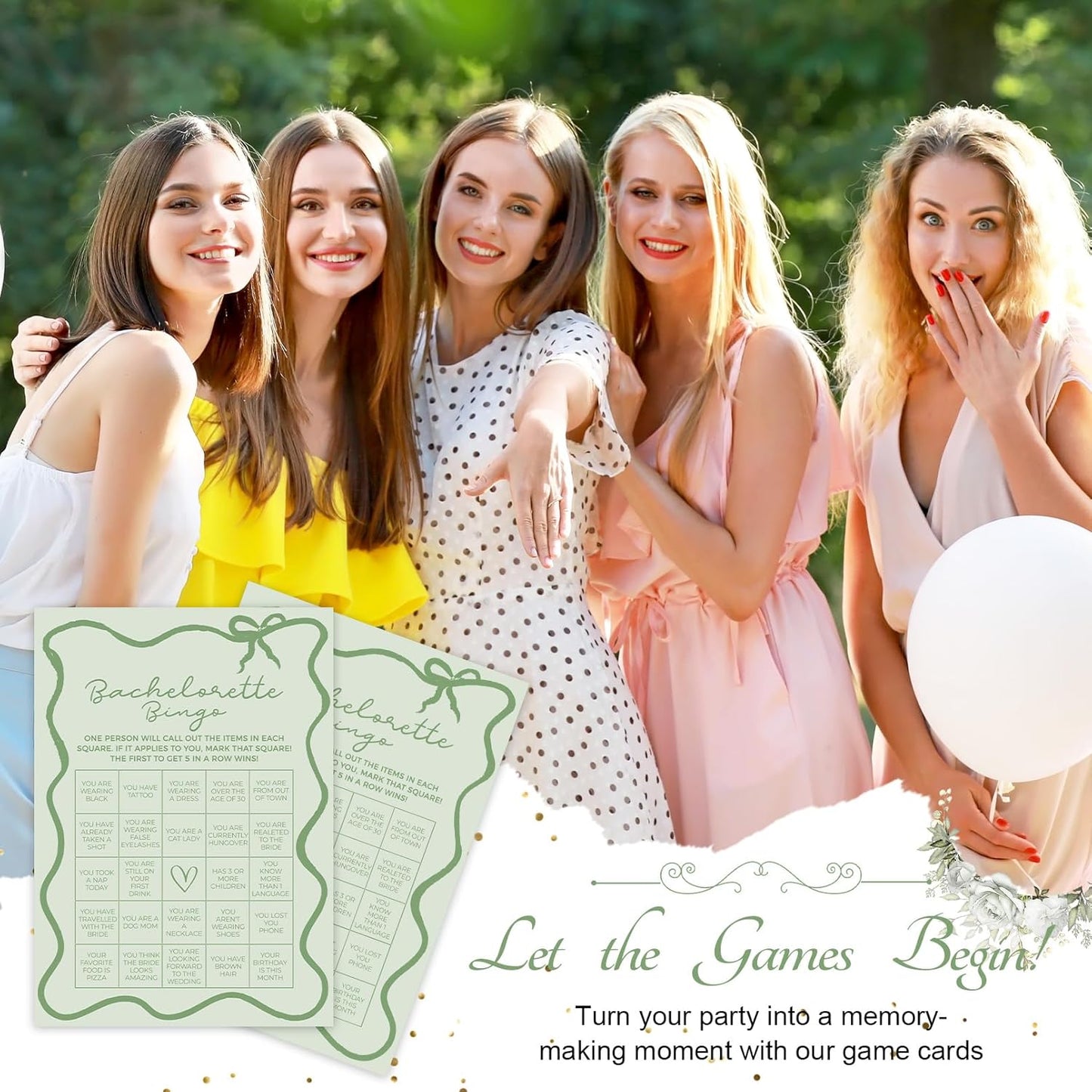 DEEKA 30 PCS Bridal Shower Games Card for 30 Guests Sage Green Wavy Border Ribbon Bow Funny Wedding Bachelorette Party Games for Reception (Bachelorette Bingo)