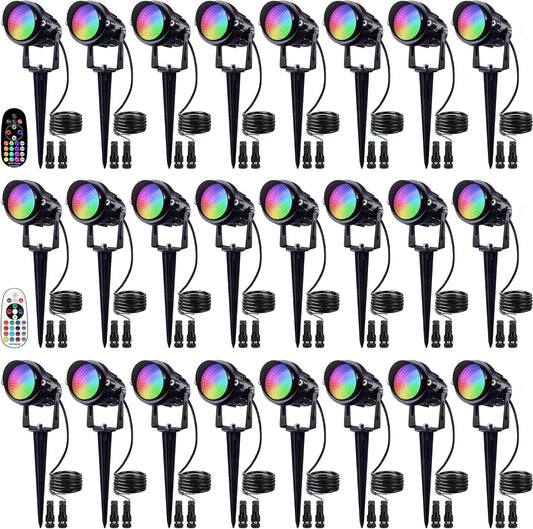 SUNVIE 24 Pack Halloween RGBW Low Voltage Landscape Lights 12W LED Color Changing Landscape Lighting with Remote Control and Wire Connectors, AC/DC 12V-24V Waterproof Outdoor Spotlight for Yard Garden