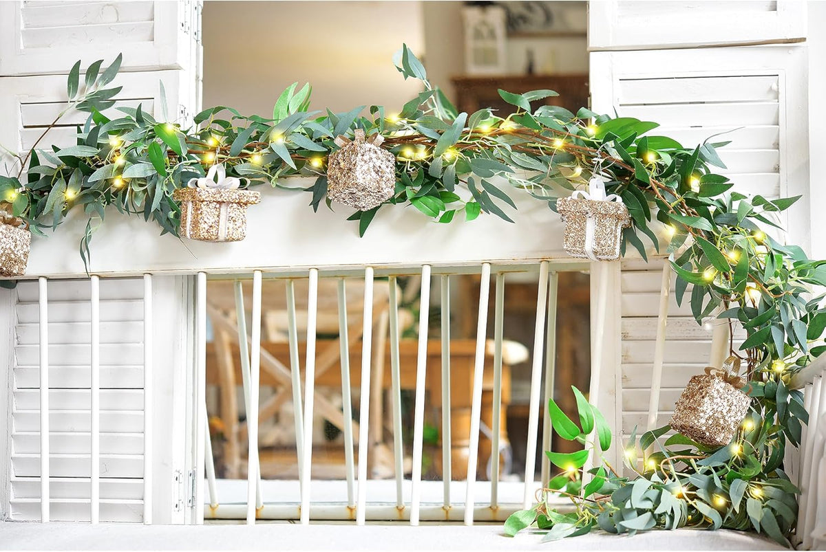 Artificial Willow Garland with Lights & Ornaments – 2-Pack Lighted Greenery Vine, Battery Fairy Lights with Remote & Timer for Mantels, Weddings, Fireplace, Holidays, Parties & Everyday Home Decor