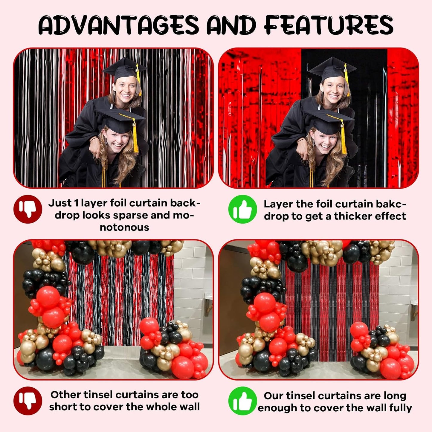 4 Pack 3.3x8.2 Feet Red and Black Foil Fringe Backdrop Curtains, Tinsel Streamers Birthday Party Decorations, Fringe Backdrop for Graduation, Baby Shower, Gender Reveal, Disco Party