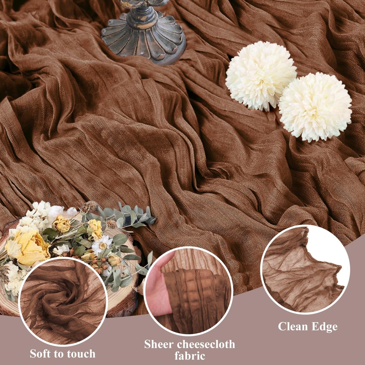Asee'm 3pcs Cheesecloth Table Runner 120 Inches Long Brown Boho Gauze Cheese Cloth Runner 10FT Rustic Sheer Fall Table Runners for Thanksgiving Christmas Wedding Party Baby Shower Decoration