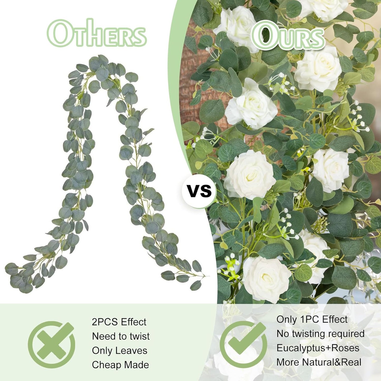 MACTING 6.6FT Fake Flower Garland with White Roses Artificial Gypsophila Eucalyptus Garland Floral Greenery Vine for Wedding Arch Table Centerpieces Backdrop Party Home Summer Decorations