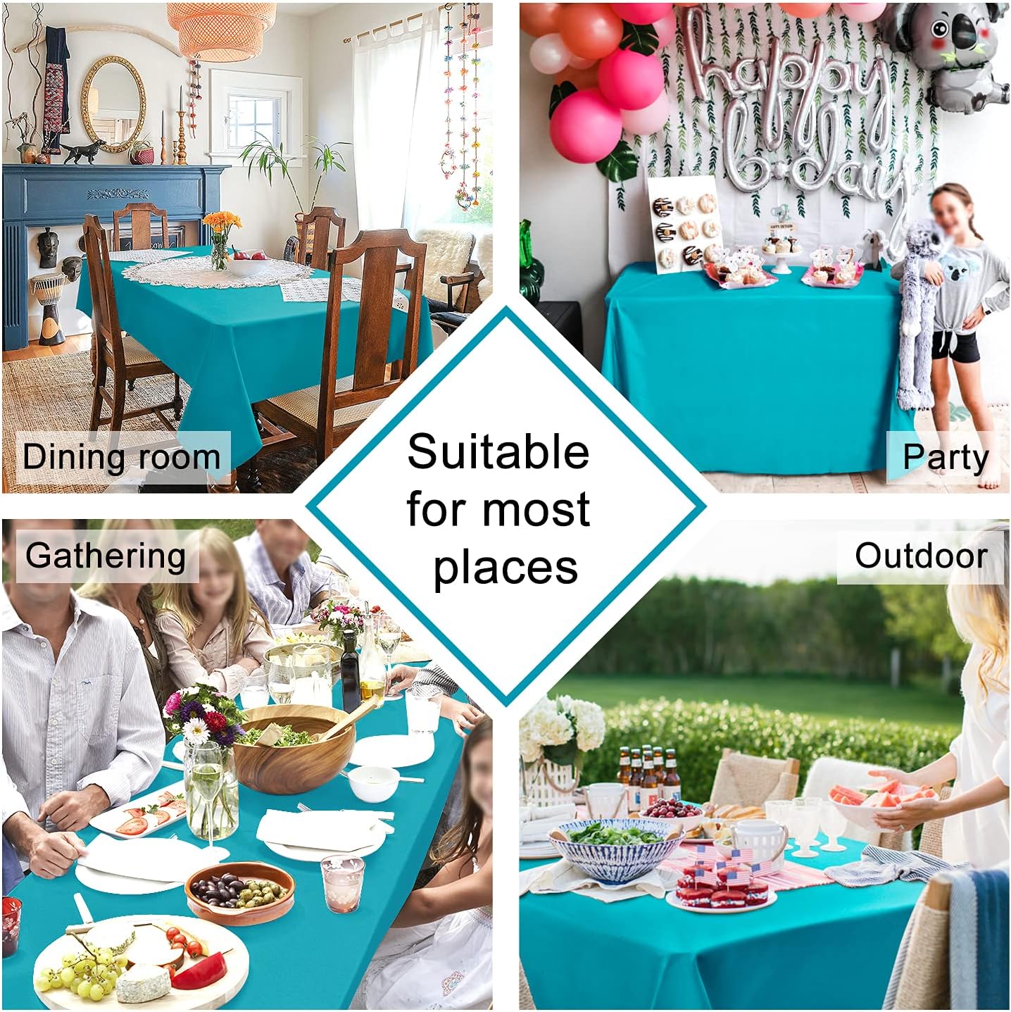 Hiasan Rectangle Tablecloth - Water Resistant and Spillproof Kitchen Washable Polyester Fabric Table Cloth for 6 Foot Tables, 54 x 120 Inch, Turquoise