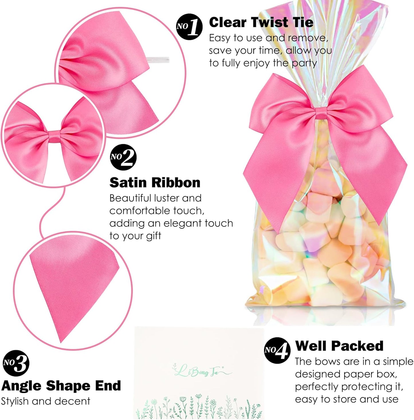 5'' Hot Pink Bow Party Decorations Satin Bows, Twist Tie Bows for Treat Bags, Cake Pops, Pre-Tied Bow Premade Ribbon Bows for Crafts, Holiday Bows for Gift Wrapping, Wedding Decor-24 Counts