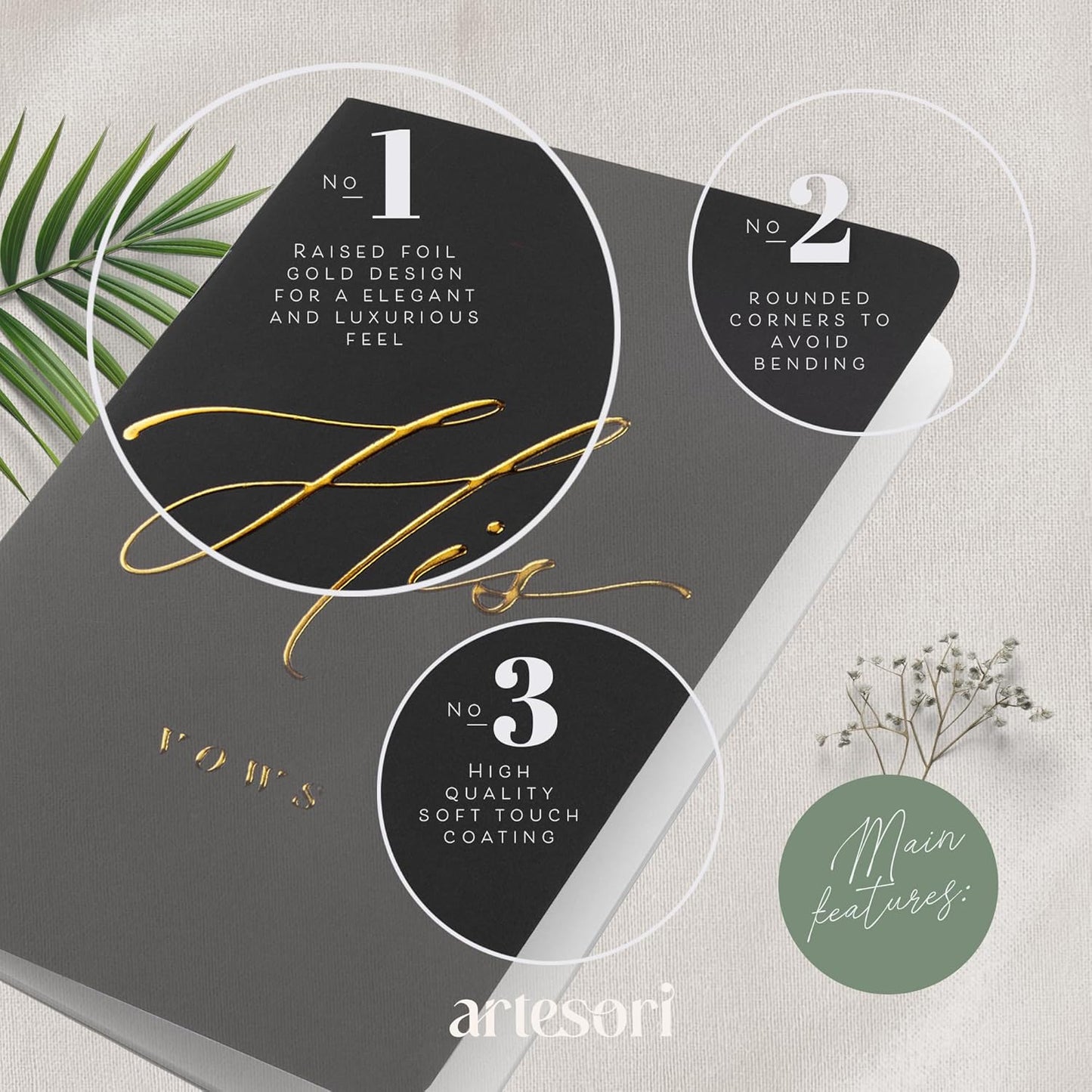 ARTESORI Wedding Vow Book for Her & Him, Soft Touch, Gold Engraving, 28 Lined Pages, Wedding Vow Books His and Hers, Wedding Essentials, Wedding Registry Gifts, His and Hers Gifts [White & Sage]