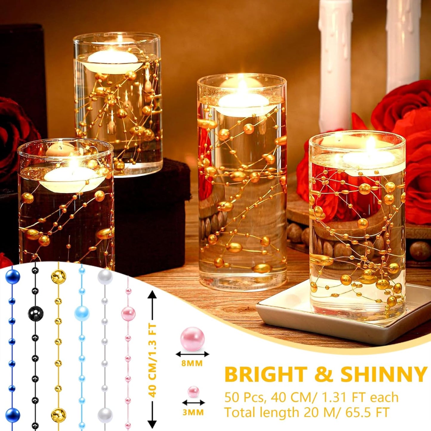 50 PCS Artificial Floating Beads for Centerpieces & Vase Fillers - Navy Blue&Gold 8+3mm String Beads, Faux Pearl Strings for Wedding, Party, Crafts, and Home Decoration