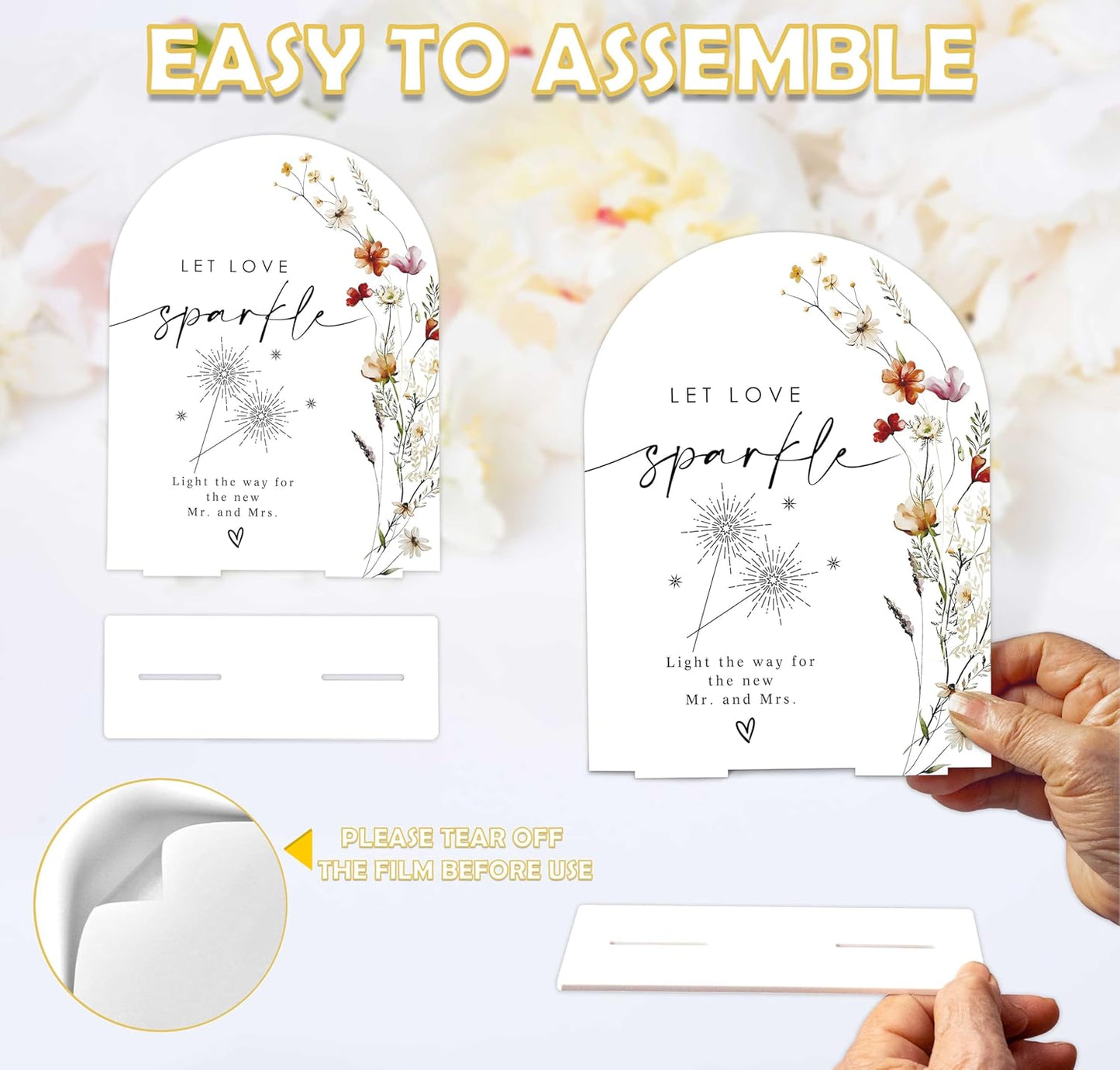 Boho Floral Let Love Sparkle Sign, 6 x 8 Inch White Arch Acrylic Wedding Sign with Holder, Wedding Sign for Ceremony and Reception, Wedding Decoration, Wedding Supplies - BX31