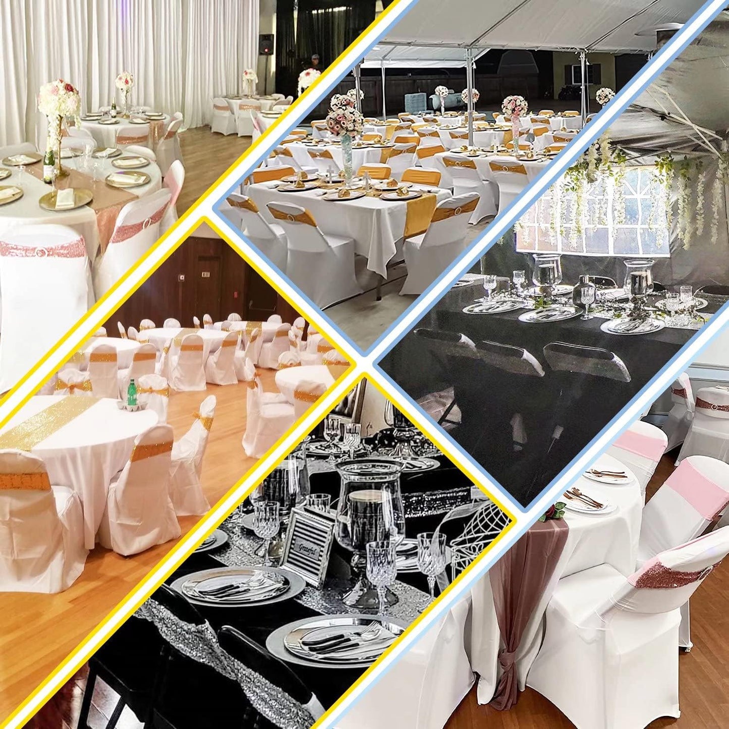 50 Pcs Chair Sashes Sequin Stretch Chair Bands Spandex Polyester Bows for Party Hotel Wedding Banquets Decoration - White