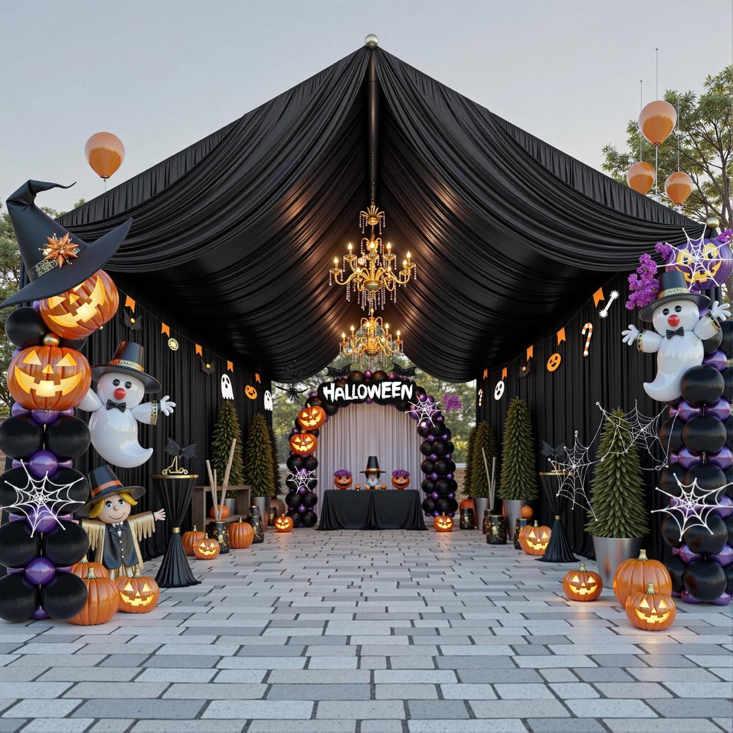 PartyVillage 4 Panels 5ftx30ft Black Ceiling Drapes for Halloween Parties – 30 FT Extra Long Thick Polyester Wrinkle-Free Drapery Tent Decor Decorations for Birthday Party Ceremony Stage Swag