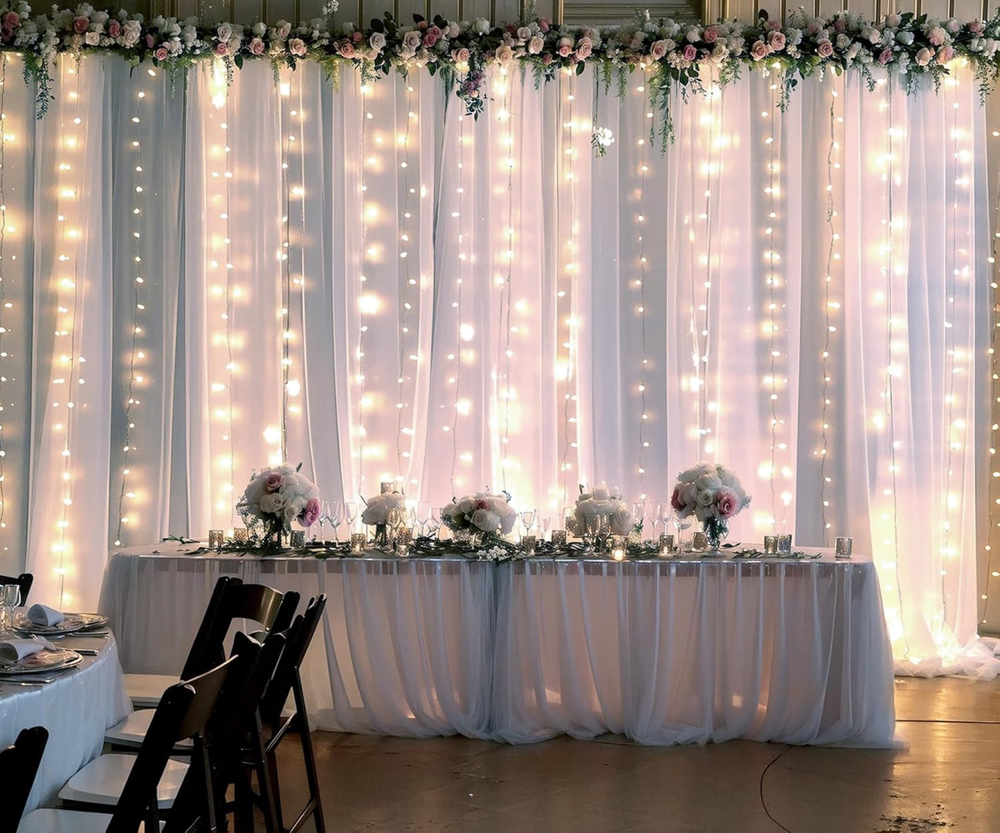Suppromo White Tulle Backdrop Curtain with Lights String for Parites 20×8ft Sheer Curtains Wedding Baby Shower Birthday Party Photo Shoot Decorations(4 Panels 5ft×8ft)
