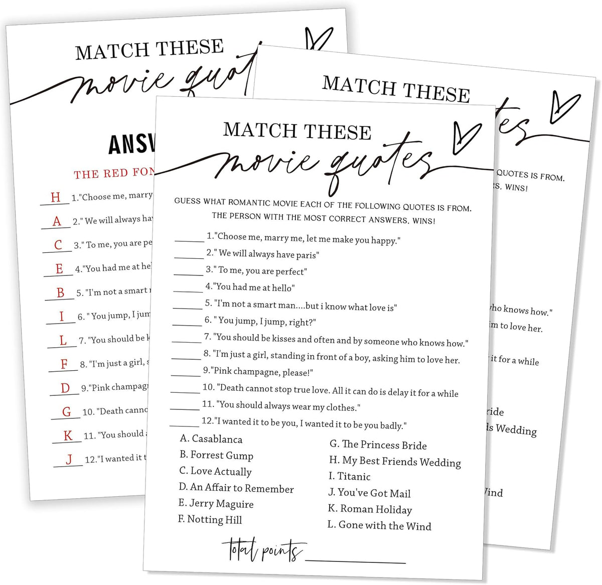 Fun Bridal Shower Games Set 25 Wedding Games Cards with 1 Answer Card Match Movie Quotes for Minimalist White Newlywed Party Entertainment Supplies - A02