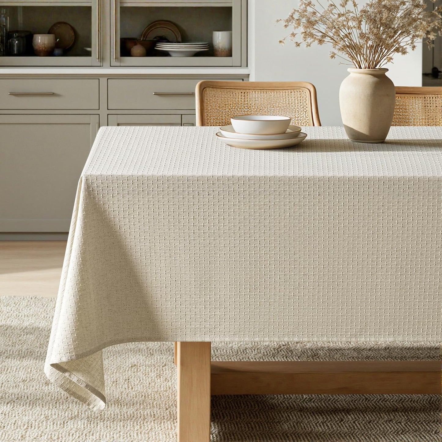 MIULEE Natural Linen Cottton Table Cloth Rectangle Tablecloth Waterproof Spillproof Cross-Star Textured Table Cltoth Decorative Farmhouse Style for Dining Party Weddings 52x70 Inch