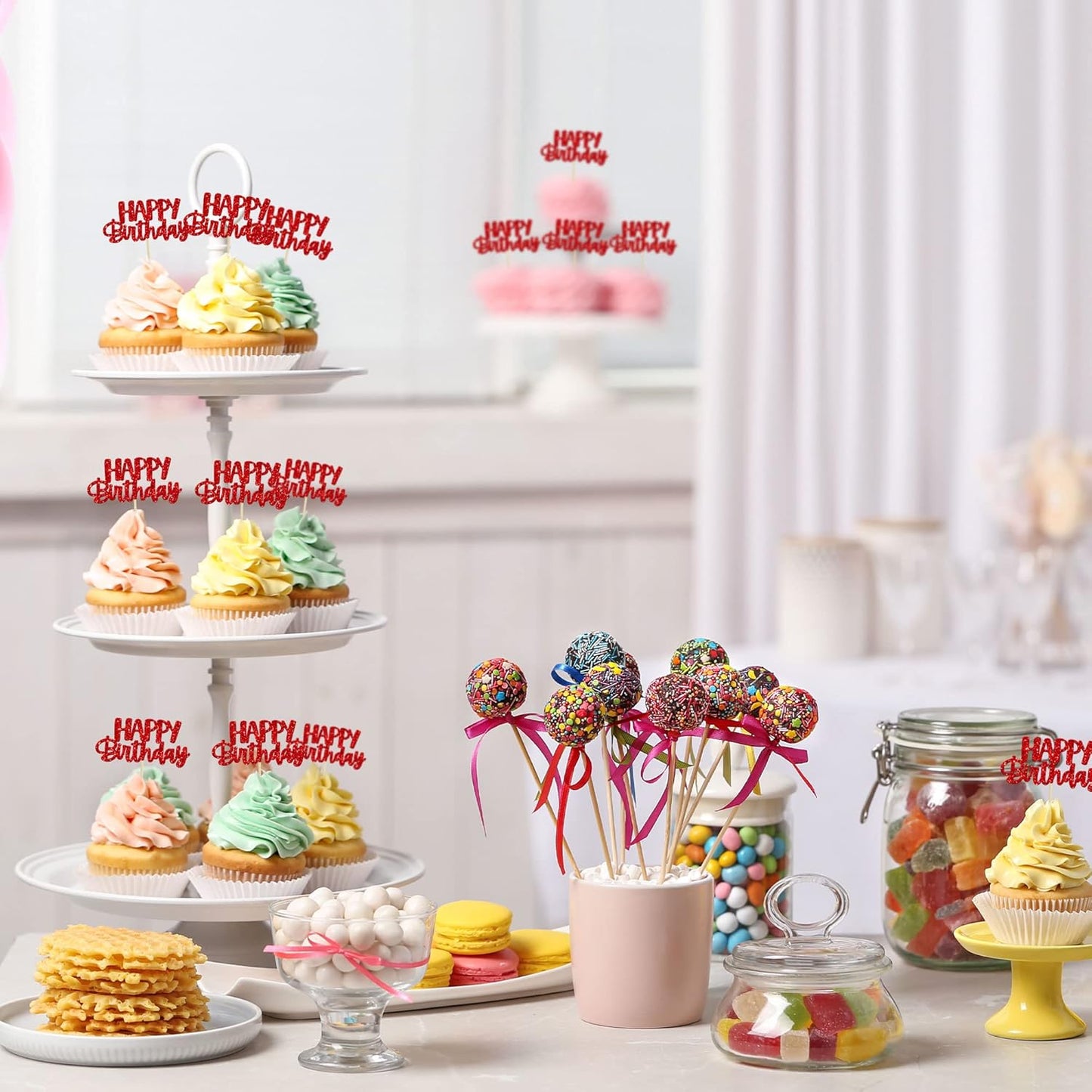 Gyufise 24pcs Happy Birthday Cupcake Toppers - Glitter Cupcake Food Picks for Celebrating Theme Party Cake Decorations - Red