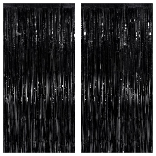 KatchOn Large Black Fringe Backdrop - Pack of 2 | Black Streamers for Halloween Party Decorations | Tinsel Backdrop for Wedding, Anniversary, Engagement, Birthday, Bachelorette Party Decorations