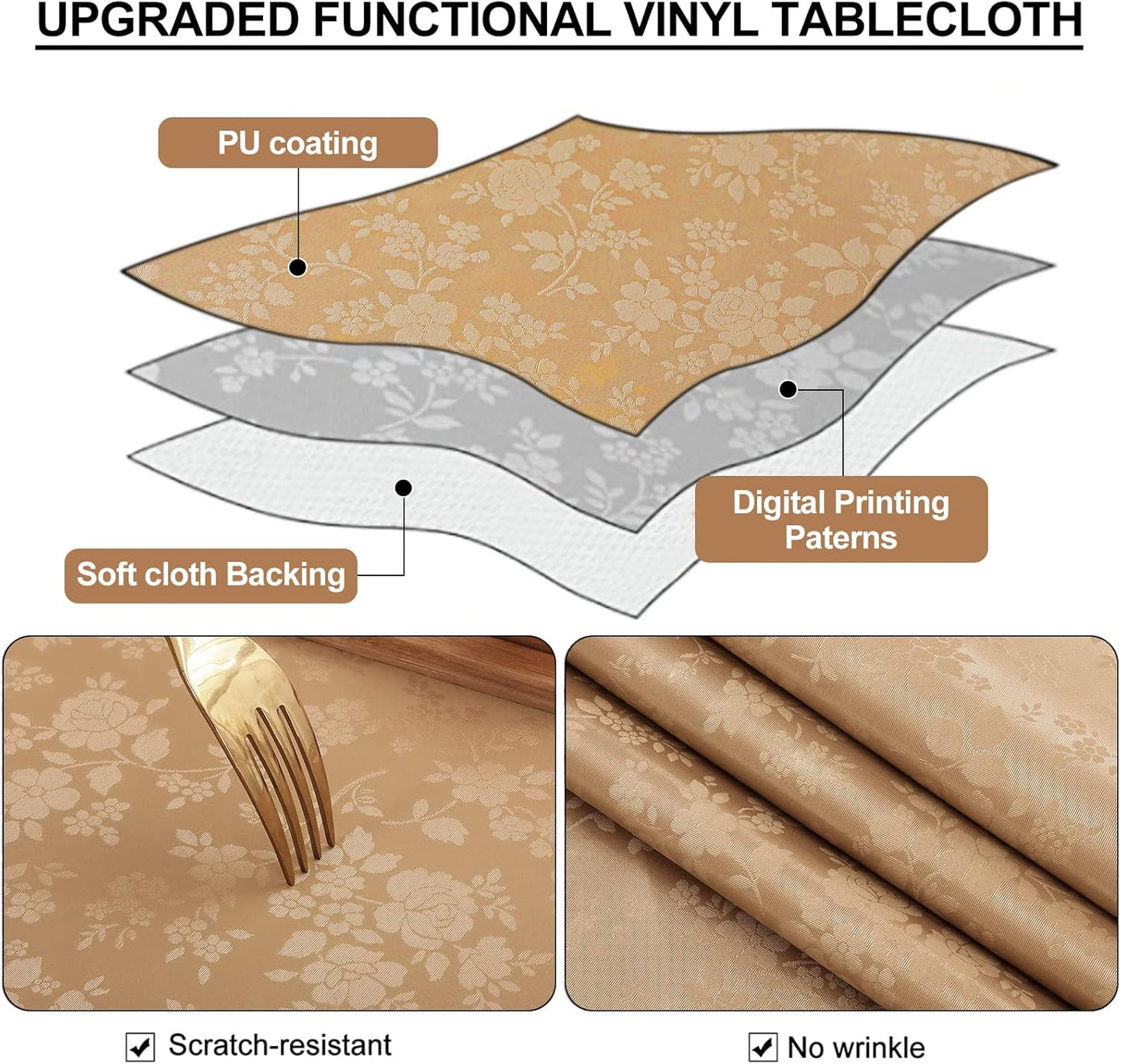 Smiry Rectangle Table Cloth, Waterproof Heavy Duty Vinyl Tablecloths, Wipeable Washable Table Cover for Kitchen and Dining Room (Brown, 70" X 90")