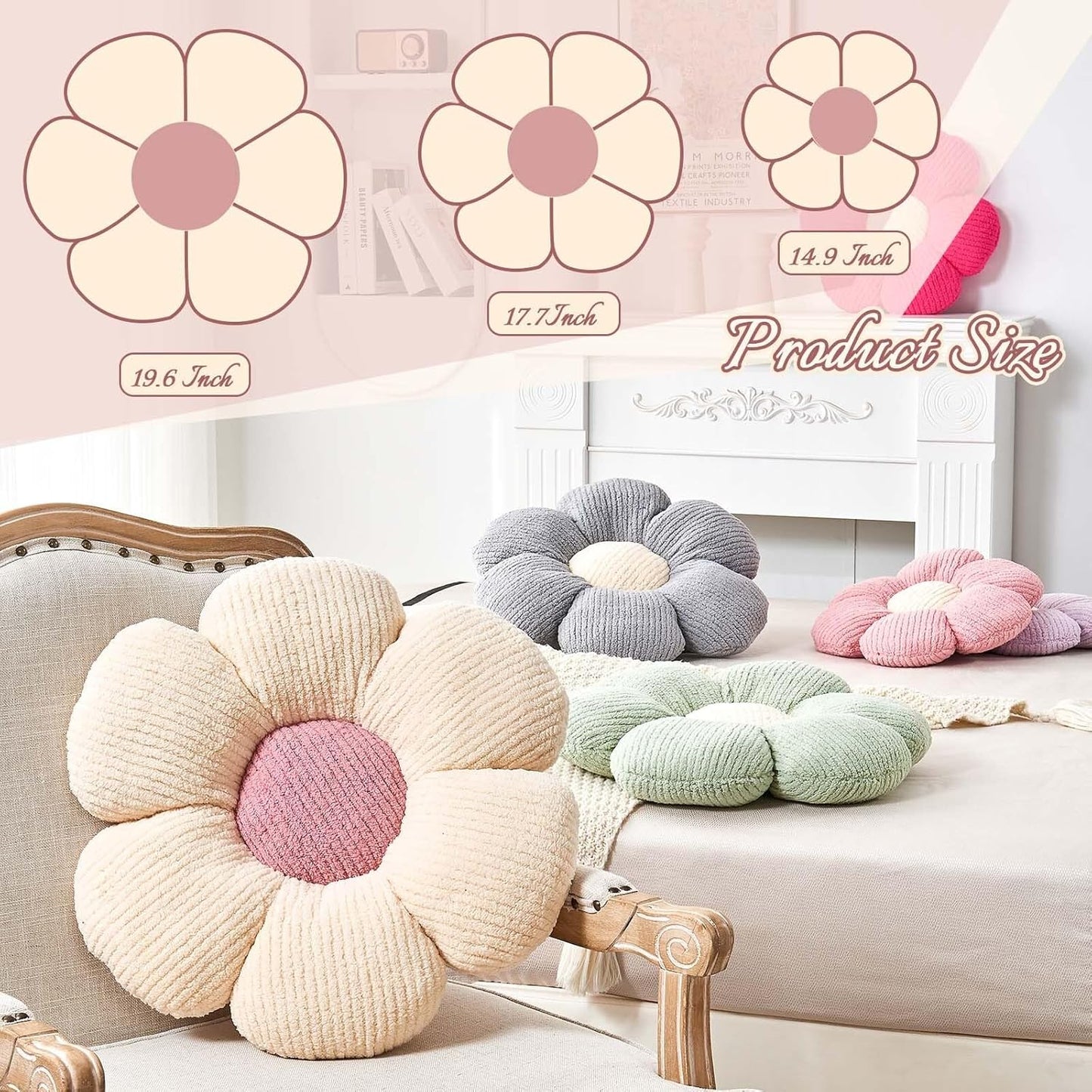 Flower Throw Pillow, Soft Sage Green 19.6" Shaped Floor Pillow for Home Decor, Cute Aesthetic Plush Decorative Pillows for Bed, Sofa, Couch