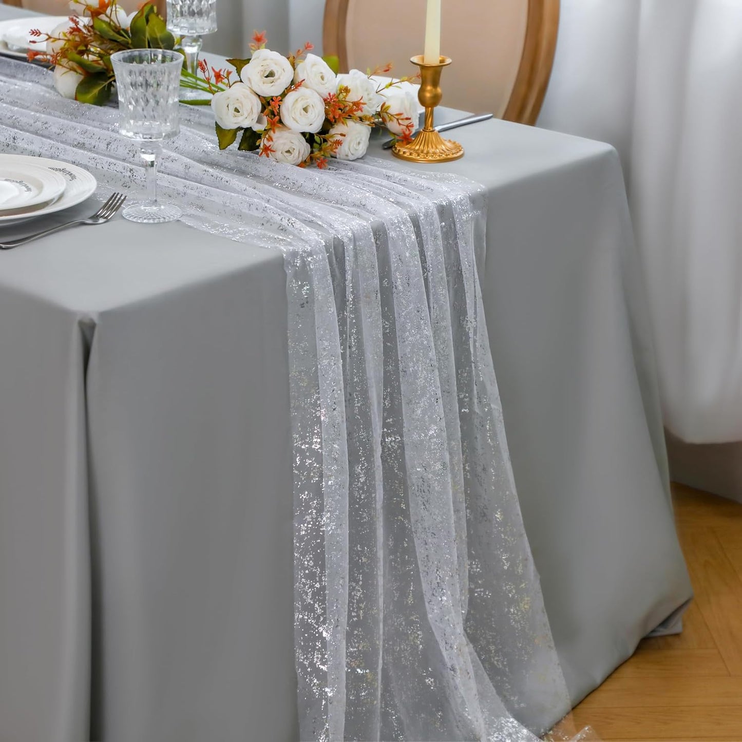 Snowkingdom 10 FT White Silver Cheesecloth Table Runner, Sequin Metallic Foil Sheer Chiffon Gauze, Glitter Silver Party Table Decoration Centerpieces for Wedding Birthday Bridal Baby Shower Christmas
