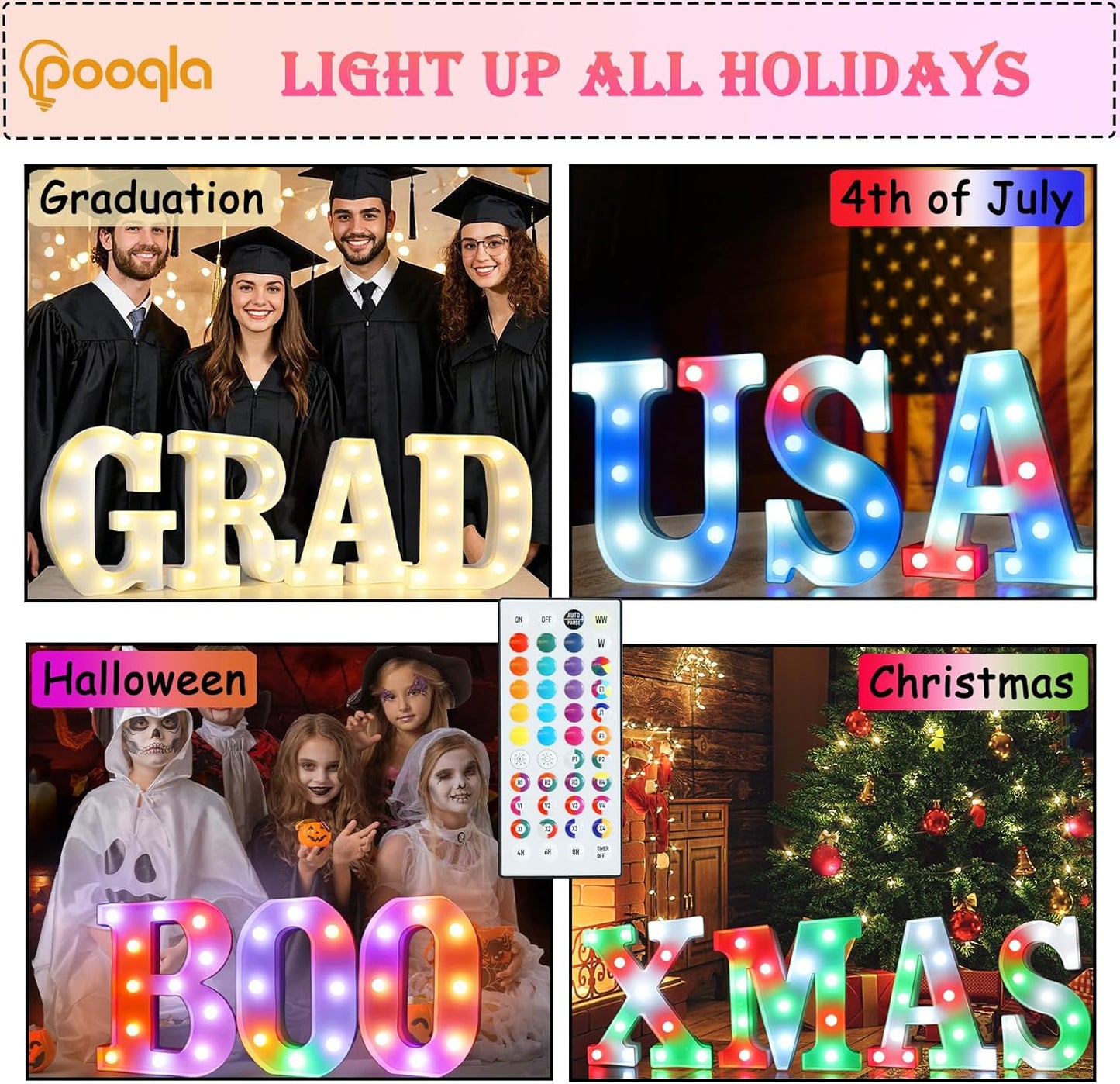 Pooqla Colorful Light Up Letters with Remote, Upgraded 35 Colors LED Marquee Letters, RGB Lighted Letter for Girls Teenager Gift, Birthday, Party, Wedding, Night Light, Room, Bedroom Decor, Letter A