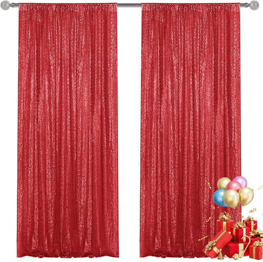 Red Sequin Backdrop Curtain 2 Pieces 2FTx8FT Glitter Photography Backdrop for Party Wedding Birthday Christmas Decorations