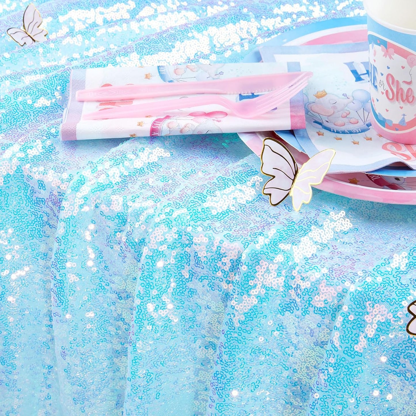 QueenDream Sequin Iridescent Tablecloth 60x102 Inches Blue Sequin Table Overlay Mermaid Parties Cocktail Decor