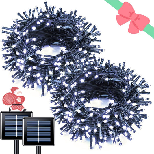 JMEXSUSS 2 Pack White Solar String Lights, Each 100 LED 33ft Green Wire Solar Lights Outdoor Waterproof for Outside Garden Wedding Party Decoration