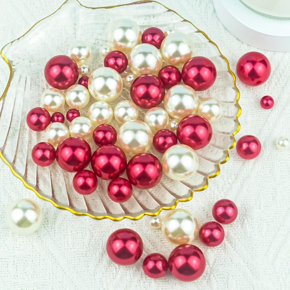 300Pcs Cream&Red Polished No Hole Faux Pearl Beads for Vase Filling Decorations, Plastic Pearls Vase Fillers, Table Scatters, Wedding Centerpiece, Home Decor, 8/14/20 mm