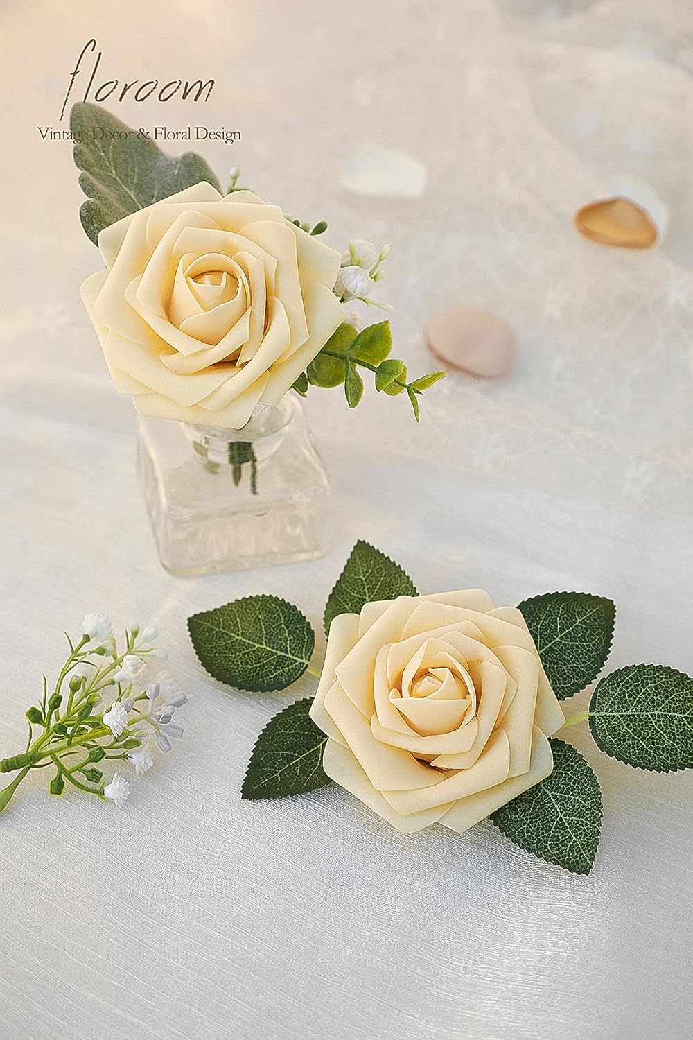 Floroom Artificial Flowers 50pcs Real Looking Creamy Yellow Foam Fake Roses with Stems for DIY Wedding Bouquets Bridal Shower Centerpieces Floral Arrangements Party Tables Home Decorations