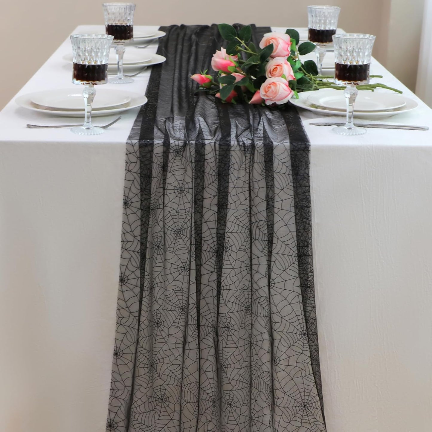 Snowkingdom Halloween Table Runner, 10 FT Black Spider Web Runners Metallic Sequin Sheer Chiffon Gauze Cheesecloth, Black Party Decorations for Halloween Kitchen Dinner Table Birthday Home Indoor