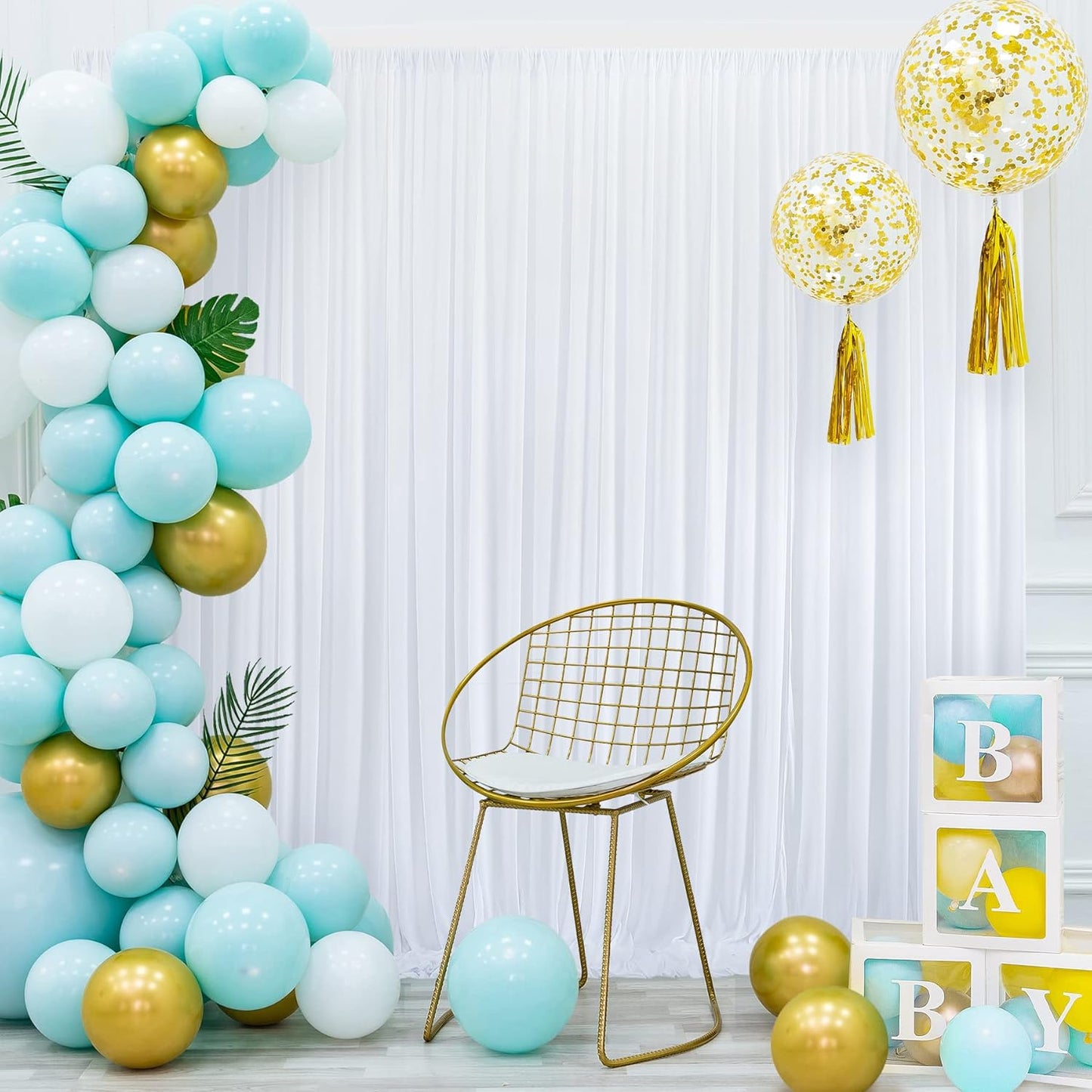 20 ft x 8 ft White Backdrop Curtain Drapes for Wedding Parties, 4 Panels 5 ft x 8 ft Wrinkle Free Polyester Photo Drapes for Birthday Party Baby Shower Backdrop Stand